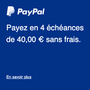 A square French flex message for a Pay Later offer with white text and logo on a blue background