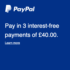 A square British flex message for a Pay Later offer with white text and logo on a blue background