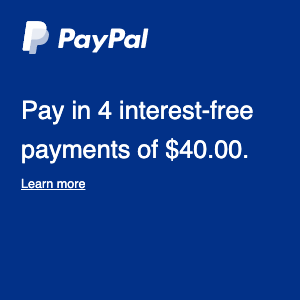A square US flex message for a Pay Later offer with white text and logo on a blue background