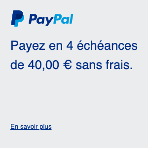 A square French flex message for a Pay Later offer with blue text and a colored logo on a light gray background