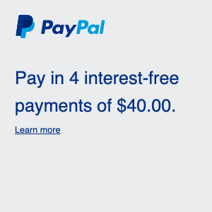 A square US flex message for a Pay Later offer with blue text and a colored logo on a light gray background