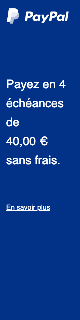 A rectangular French flex message with a width to height ratio of 1x4 for a Pay Later offer with white text and logo on a blue background