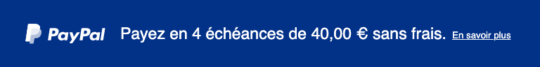 A rectangular French flex message with a width to height ratio of 8x1 for a Pay Later offer with white text and logo on a blue background
