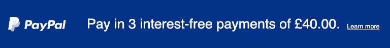 A rectangular British flex message with a width to height ratio of 8x1 for a Pay Later offer with white text and logo on a blue background