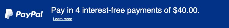 A rectangular  flex message with a width to height ratio of 8x1 for a Pay Later offer with white text and logo on a blue background
