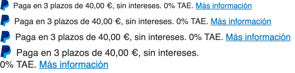 Four Italian text message for a Pay Later offer with 13, 14, 15, and 16 pixel font, left-aligned, black text on a white background, with a PayPal logo displaying only the PayPal icon on the left side of the text
