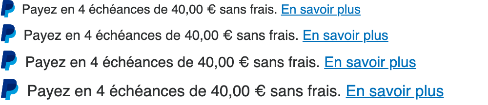 Four French text message for a Pay Later offer with 13, 14, 15, and 16 pixel font, left-aligned, black text on a white background, with a PayPal logo displaying only the PayPal icon on the left side of the text
