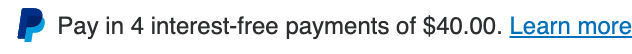  text message for a Pay Later offer with 12 pixel font, left-aligned, black text on a white background, with a PayPal logo displaying only the PayPal icon on the left side of the text