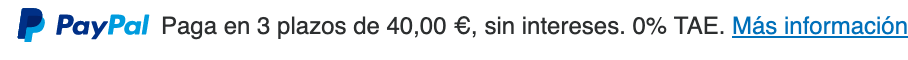 Italian text message for a Pay Later offer with 12 pixel font, left-aligned, black text on a white background, with a PayPal logo displaying the PayPal icon and name on the left side of the text