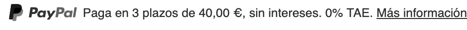 Italian text message for a Pay Later offer with 12 pixel font, left-aligned, grayscale text on a white background, with a grayscale primary PayPal logo on the left side of the text