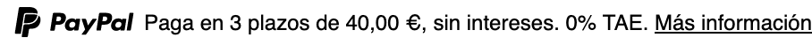 Italian text message for a Pay Later offer with 12 pixel font, left-aligned, black text on a white background, with a monochrome primary PayPal logo on the left side of the text