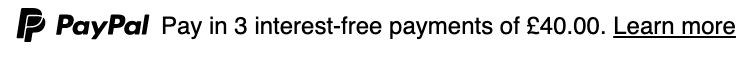 British text message for a Pay Later offer with 12 pixel font, left-aligned, black text on a white background, with a monochrome primary PayPal logo on the left side of the text