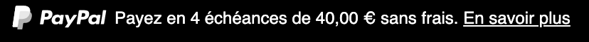 French text message for a Pay Later offer with 12 pixel font, left-aligned, white text on a black background, with a white primary PayPal logo on the left side of the text
