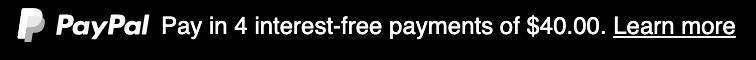  text message for a Pay Later offer with 12 pixel font, left-aligned, white text on a black background, with a white primary PayPal logo on the left side of the text