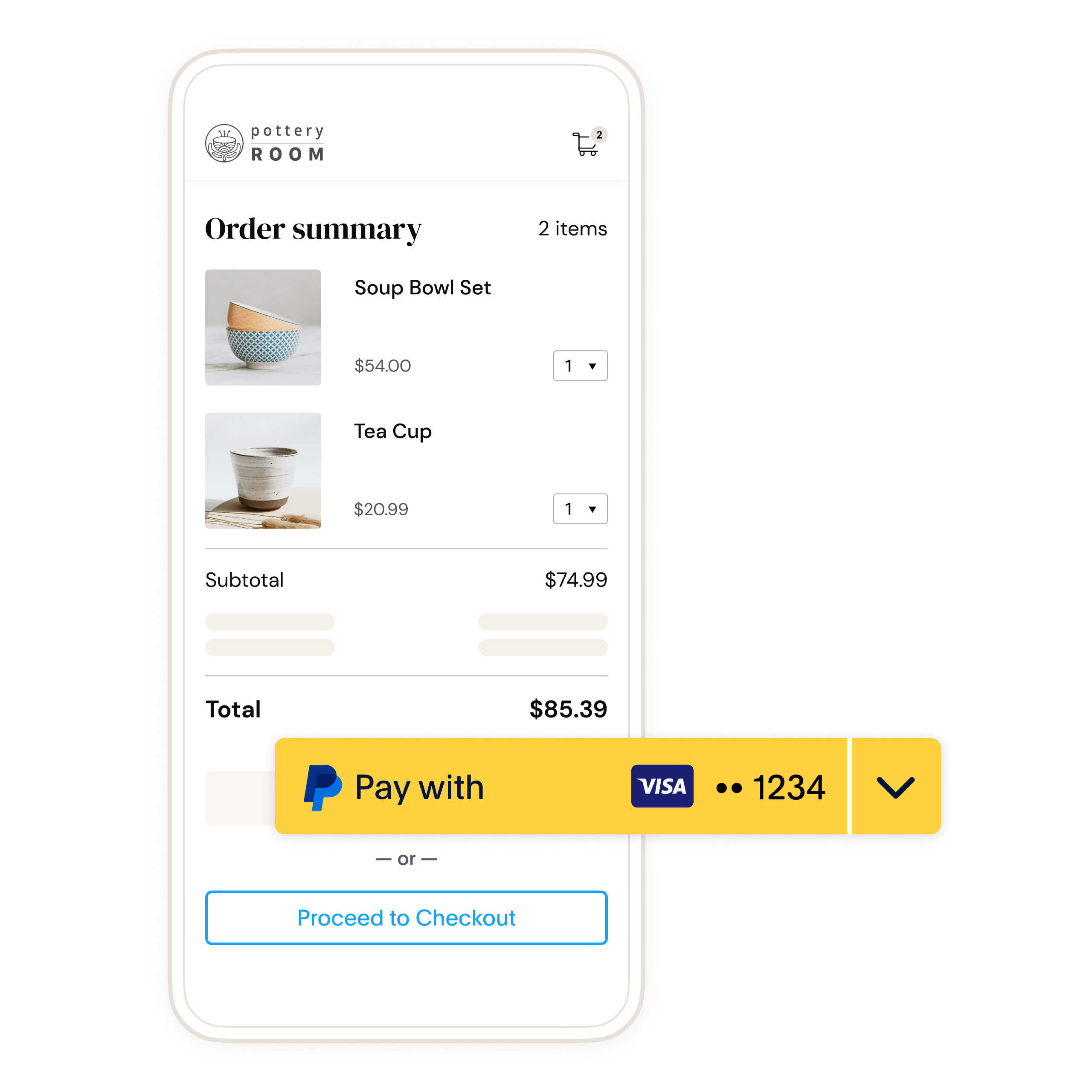 Phone screen. Pay with PayPal button is highlighted at checkout.