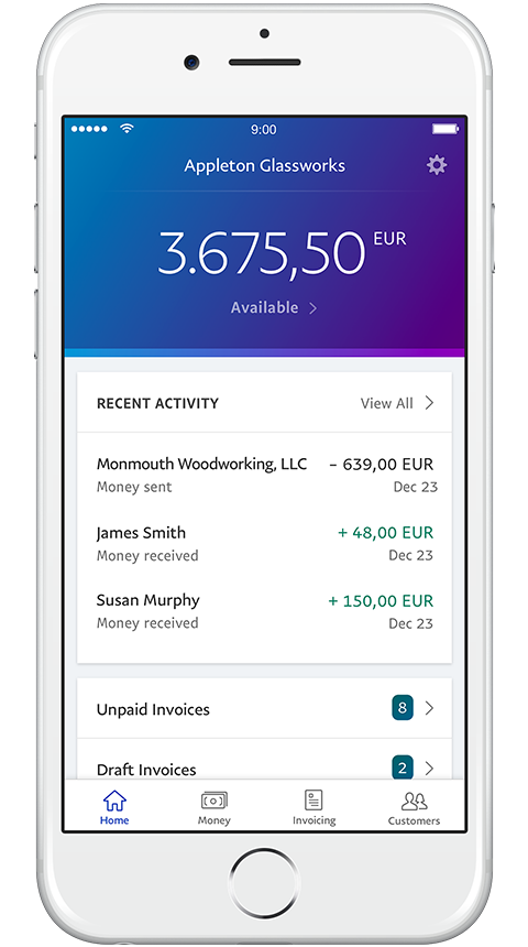 A smartphone displaying recent transactions on the PayPal Business App.