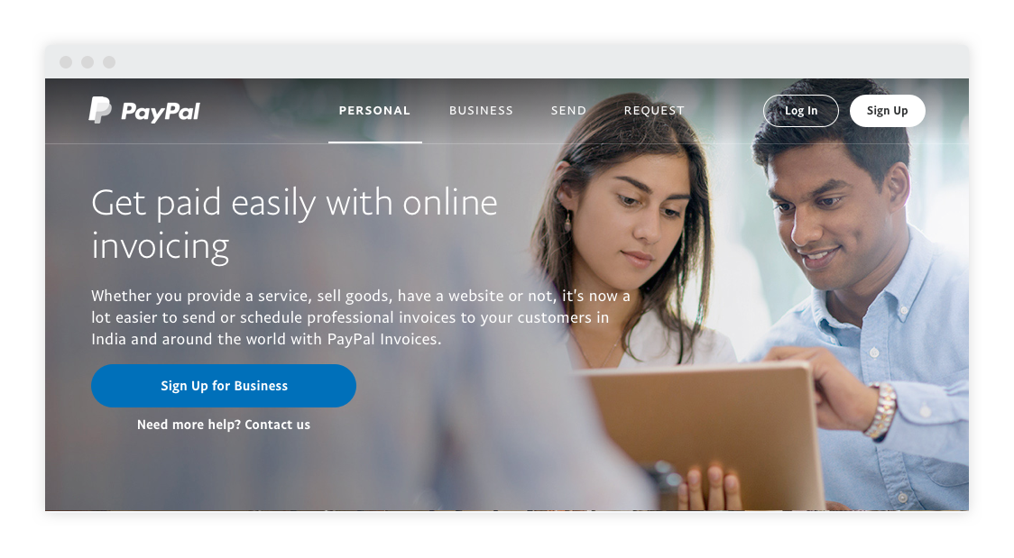 A screen shot of the PayPal business account homepage