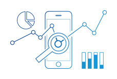 A blue icon of a smartphone, a magnifying glass and graphs