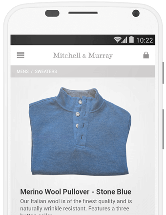 A phone screen displaying an online shop listing for a Stone Blue Merino Wool Pullover.