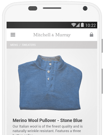 A mobile phone showing the product page of a sweater on an ecommerce website.