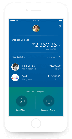 A phone screen showing the dashboard view of the PayPal payment app.