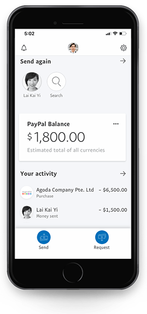 A mobile phone showing a dashboard view of the PayPal mobile app .