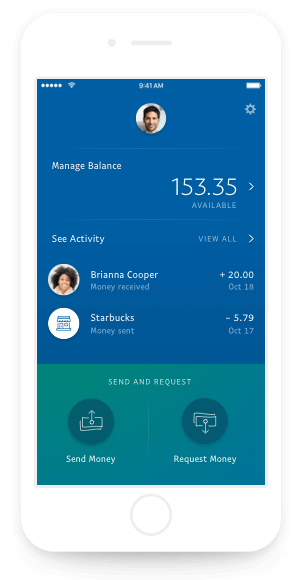 A phone screen showing the dashboard view of the PayPal payment app.