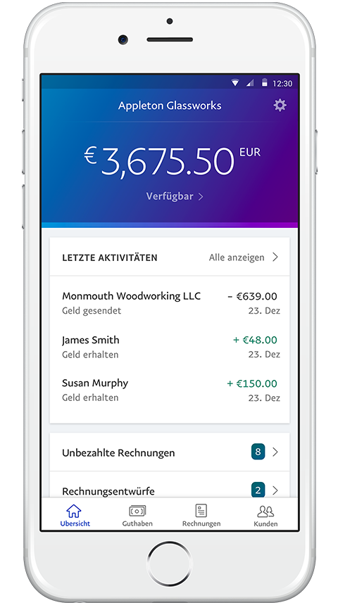Smartphone mit einer Beispiel-Landingpage der PayPal-Geschäftsmanagement-App