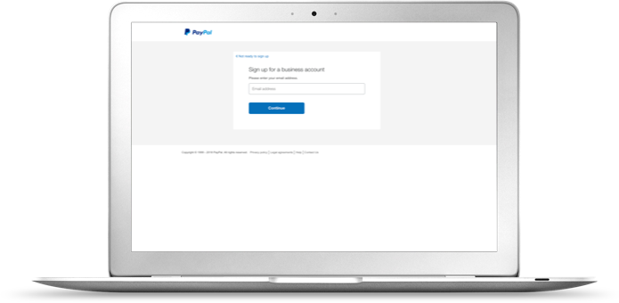 Laptop showing the PayPal sign up for a business account page.