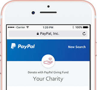 A smartphone showing the PayPal Giving Fund page .