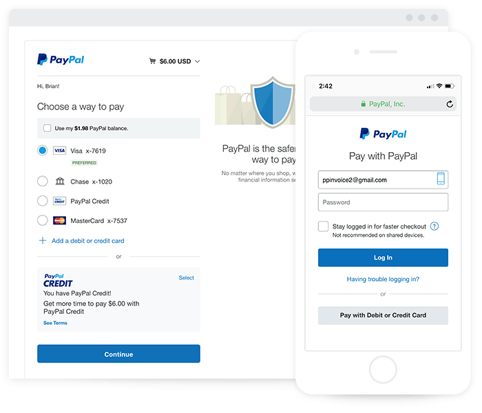 Customer pays invoice with credit card, PayPal account, or PayPal Credit