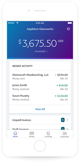 A view of PayPal business mobile app's home screen.