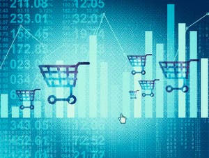 An illustration of shopping cart icons against a backdrop of bar graphs, symbolizing secure customer payment data