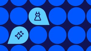 Pattern of blue circles on a dark navy background, with two circles replaced by speech-bubble-style icons: a dress and a sparkle/AI icon.
