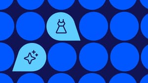 Zwei dunkelblaue Sprechblasen-Symbole auf einem Muster aus blauen Kreisen: eine zeigt die Umrisslinie eines Kleides, die andere ein funkelndes Sternsymbol mit kleinen Pluszeichen.