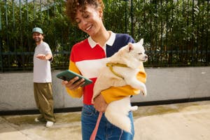 Person holding a dog while using their mobile device