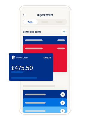 A mobile phone showing PayPal cards and linked bank account options, including PayPal Credit account.