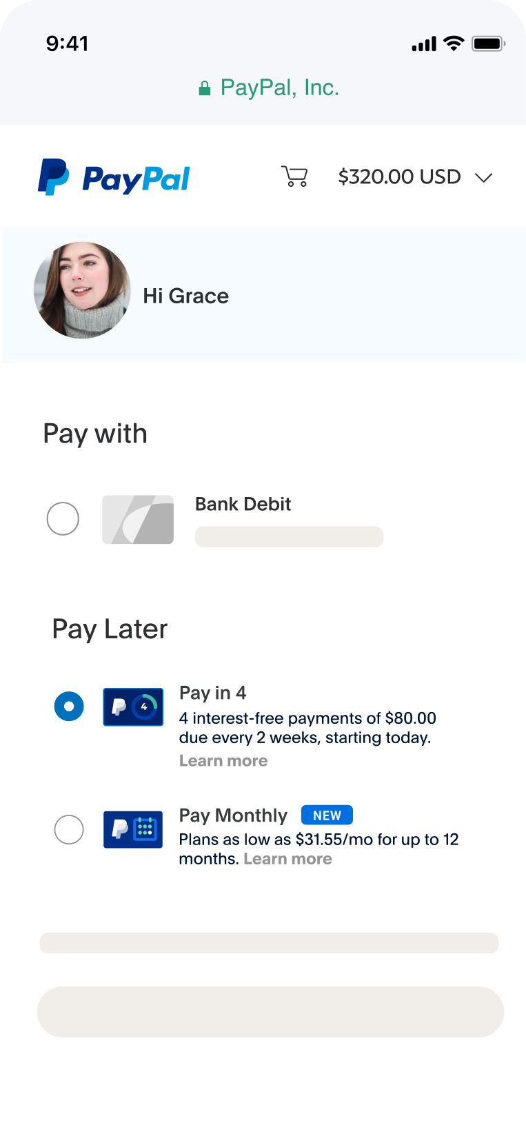 A mobile screen of a PayPal Checkout page with Bank Debit, Pay in 4, and Pay Monthly options