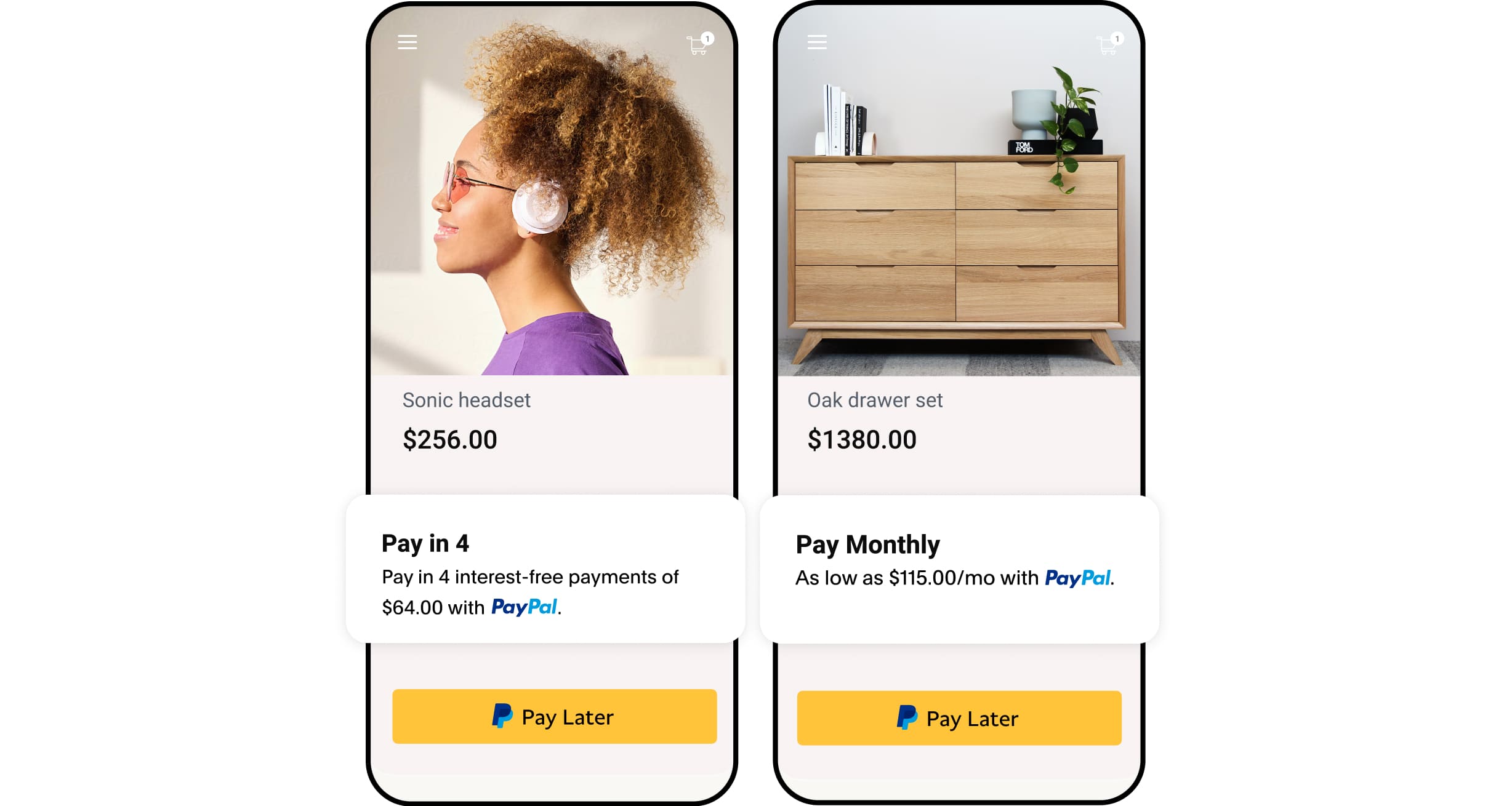 Two mobile screens showing product pages with Pay Later messaging