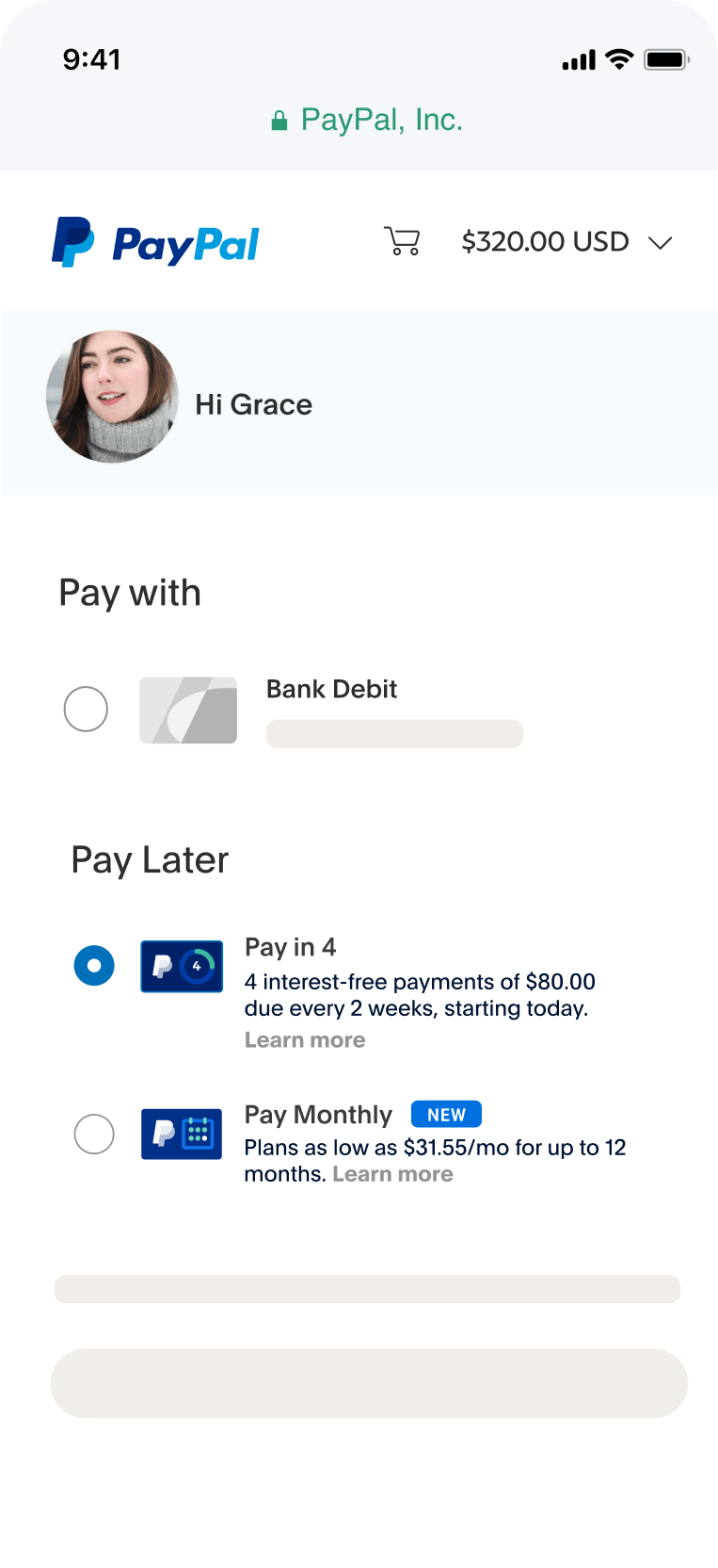 A mobile screen of a PayPal Checkout page with Bank Debit, Pay in 4, and Pay Monthly options