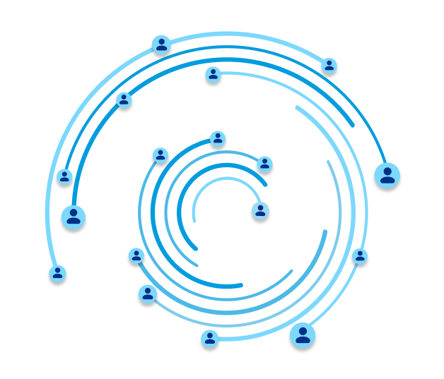 A spiral shape with connected icons representing people that illustrate PayPal's global consumer network