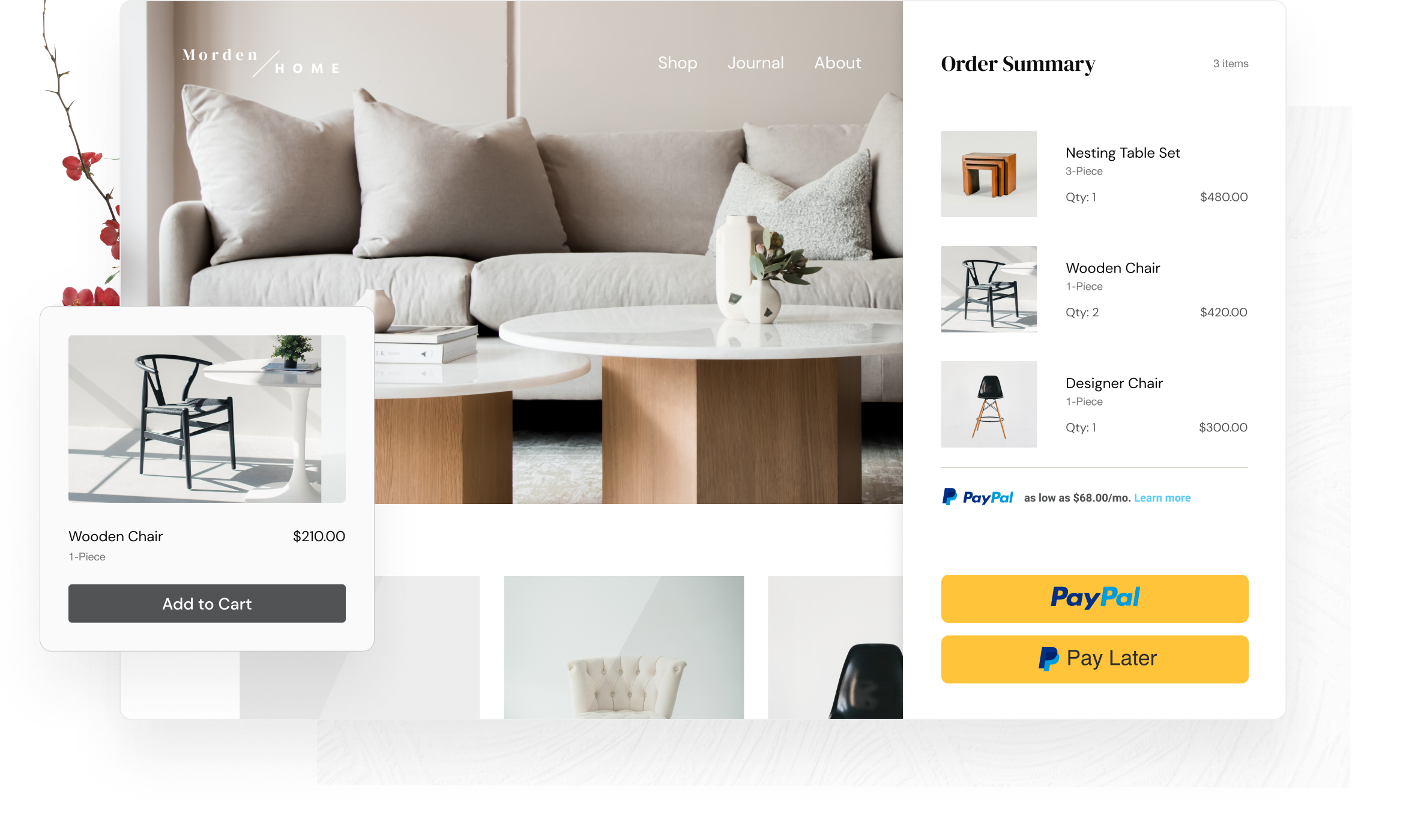 A website image showing a couch, chairs, and nesting tables being added to cart featuring Pay Later Messaging