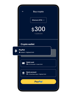 A smartphone showing the screen of the PayPal crypto solutions to buy crypto with the crypto wallet