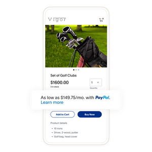 A mobile phone screen of a customer at checkout buying golf clubs ; a tile offering PayPal pay later option