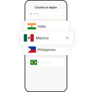 A mobile phone with flags of India, Mexico, and the Philippines; illustrating how you can send money across the globe