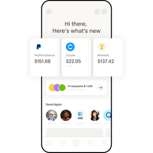 Alt Text: A mobile phone showing a digital wallet home screen, tiles showing different ways you can manage your money on the PayPal app