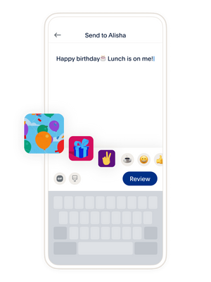 UI image displaying a message that reads Happy birthday emoji cake, lunch is on me!