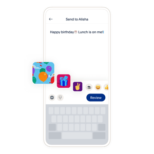 UI image displaying a message that reads Happy birthday emoji cake, lunch is on me!