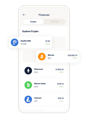 A mobile phone screen showing PayPal USD, Bitcoin,  Ethereum, Litecoin and Bitcoin Cash logos and sample balances   