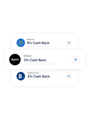 Examples of cash back offers are shown over a blue background.